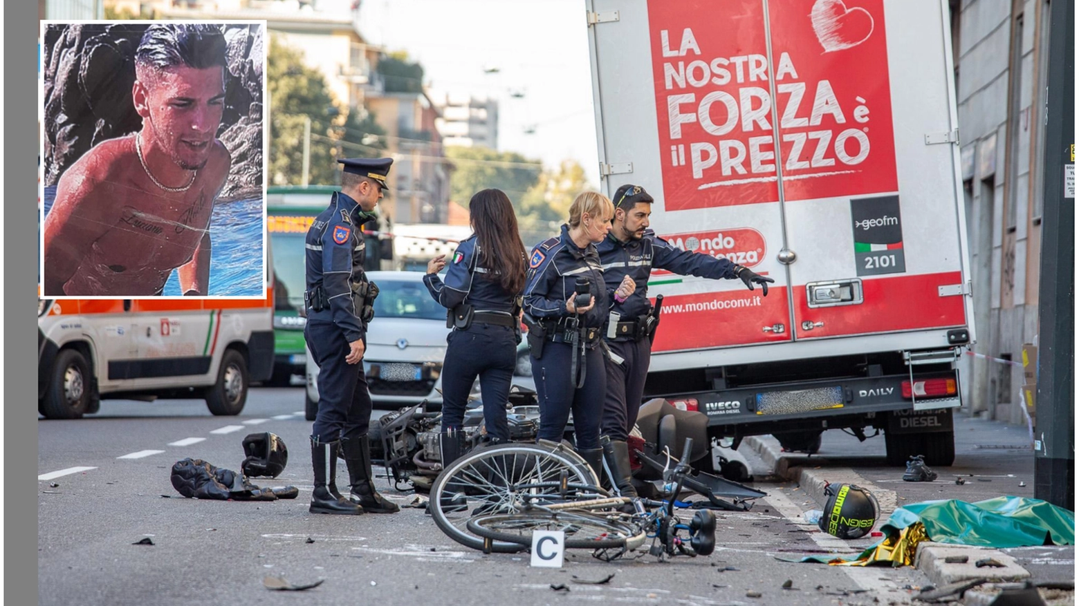 L'incidente in via Pellegrino Rossi a Milano e, nel riquadro, la vittima Enzo Caparra