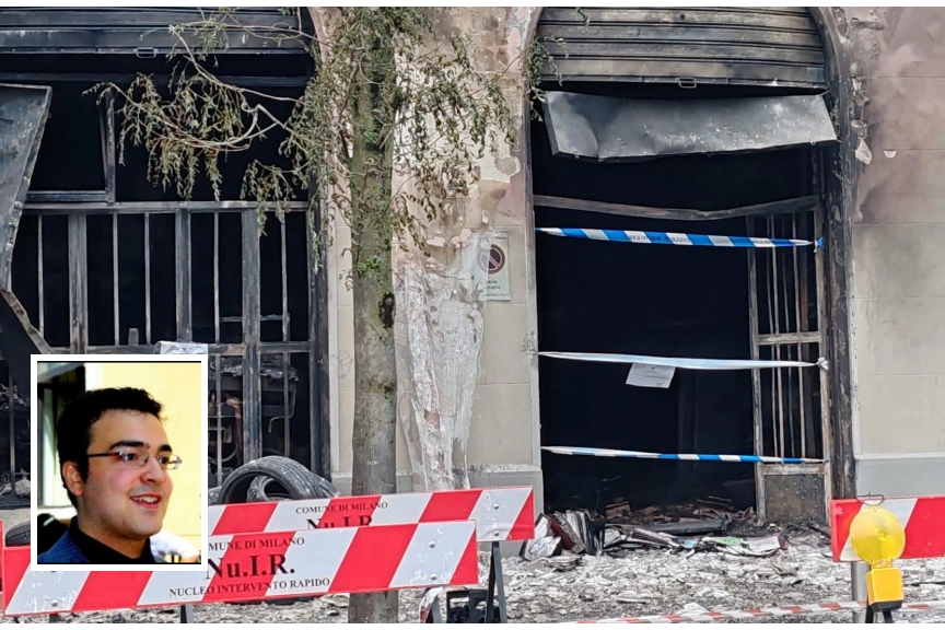 La facciata dell'edificio divorato dalle fiamme e Antonio Tollardo, una delle tre vittime, morto insieme ai genitori nella casa al terzo piano