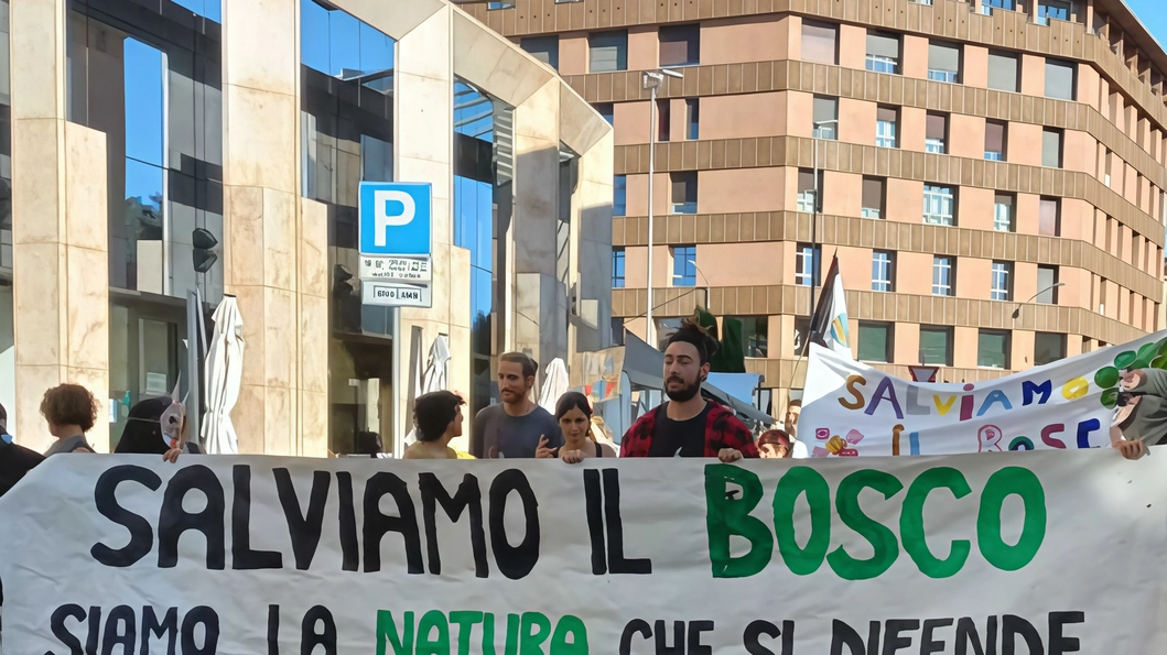 Uno dei grandi striscioni del Comitato per salvare il bosco esposti al corteo