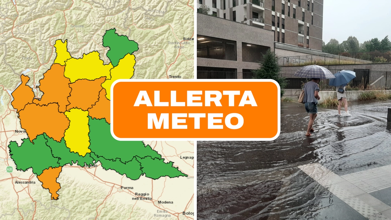 A sinistra, le zone della Lombardia soggette ai vari gradi di allerta meteo ideogologica prevista per domani venerdì 18 ottobre